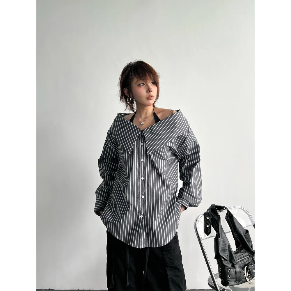SuperAen 2026 Spring and Autumn New Korean Style Striped Long-Sleeved Shirt for Women Off-the-shoulder Sexy Shirts