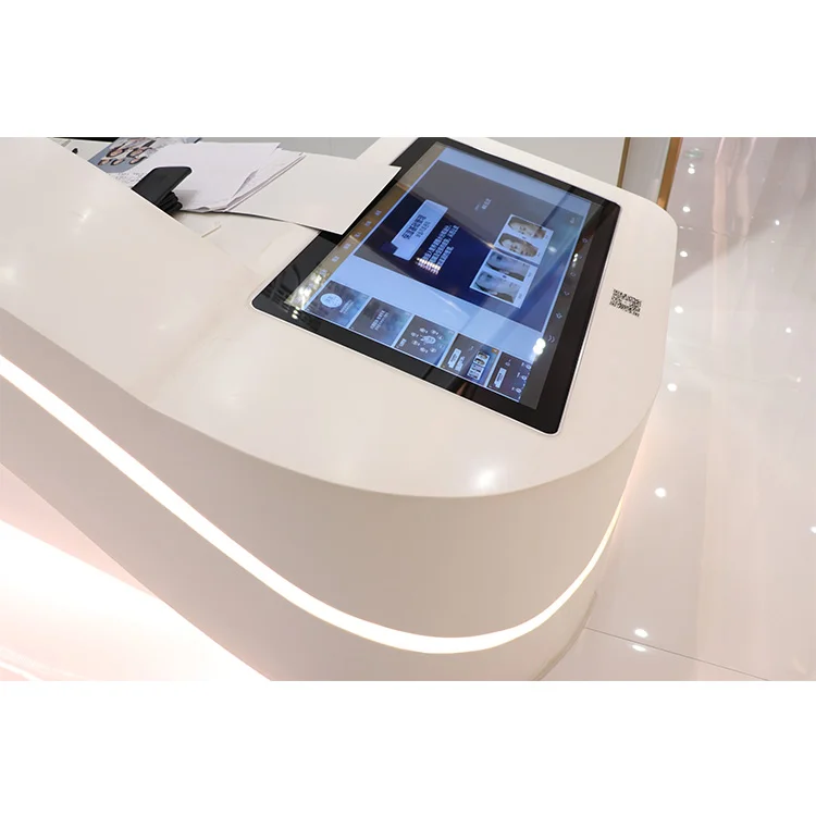 Customized.Duponts Corians Custom Made White Salon Reception Counter Front Led Light Curved Reception Desks