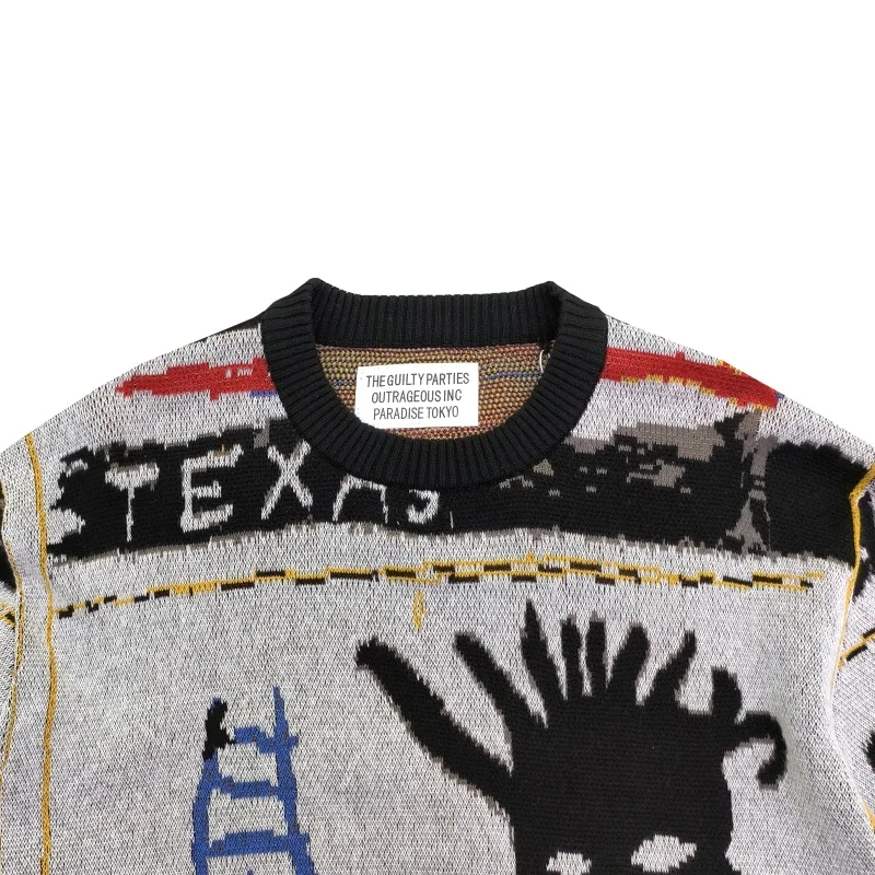 Black White Patchwork Knitted Jacquard Pattern Brand Hip Hop Vintage Heavy duty Mens Womens Highest quality WACKO MARIA Sweater