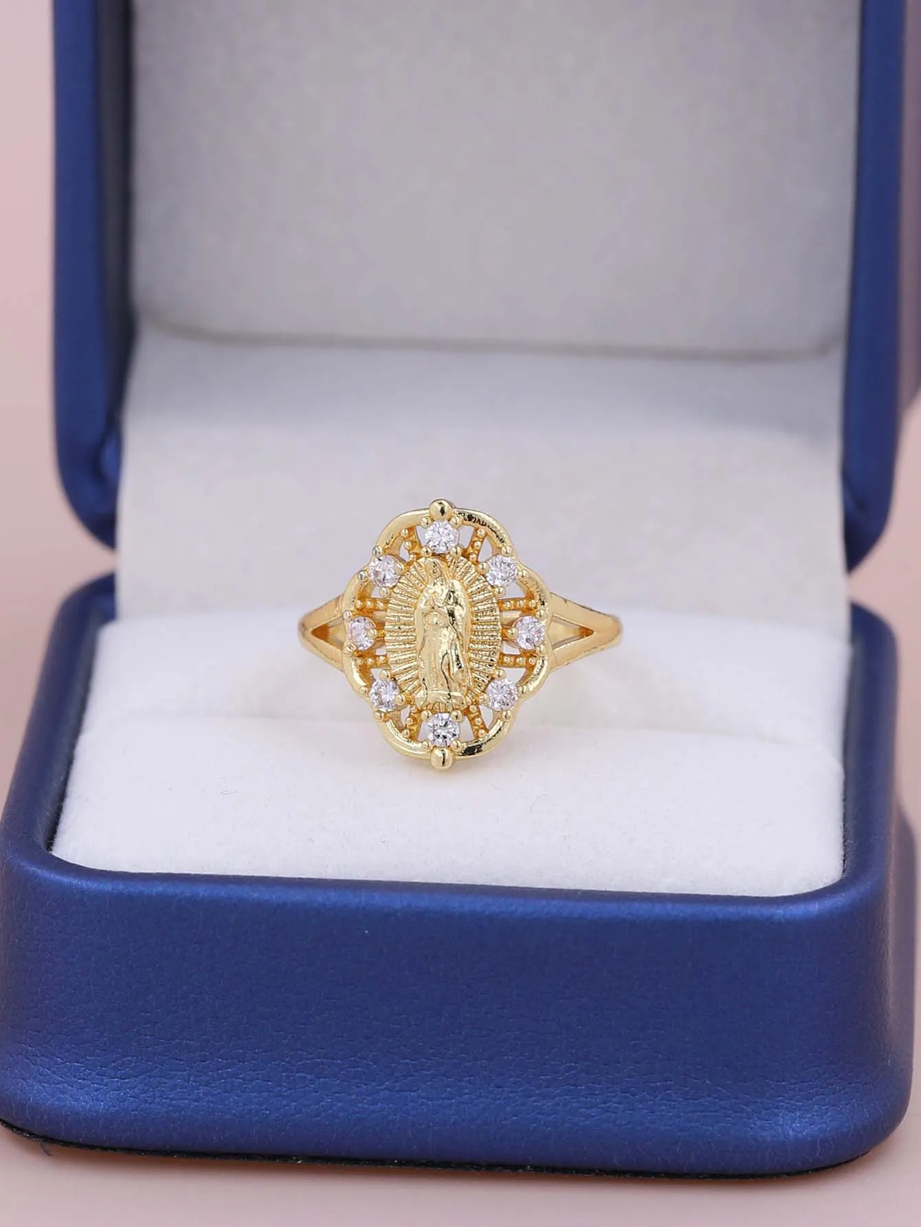 Classic Versatile Geometric Shape White Zircon Plated Gold Copper Virgin Mary Ring Women Daily Wearing Jewelry