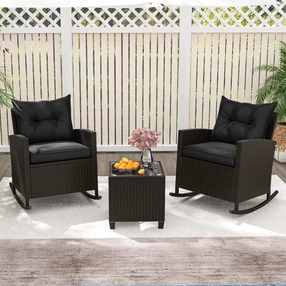 

3 Pieces Patio Furniture Set,Outdoor Wicker Rocking Chairs with Soft Cushions,Glass Coffee Table, Rattan Conversation Bistro Set