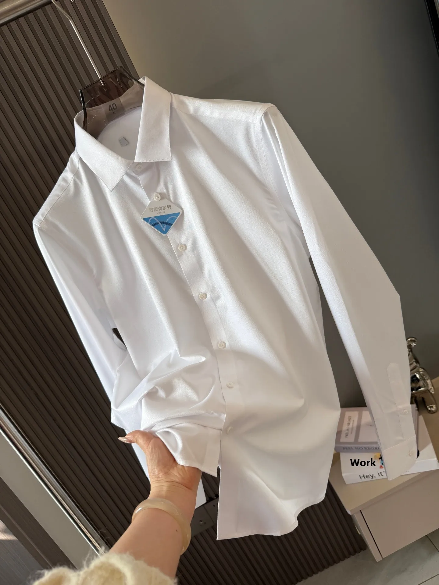 

Comfortable Elastic Men's Long Sve irt Casual Pure White Busin Casual Spring Summer Breathable Stand Fit Button up