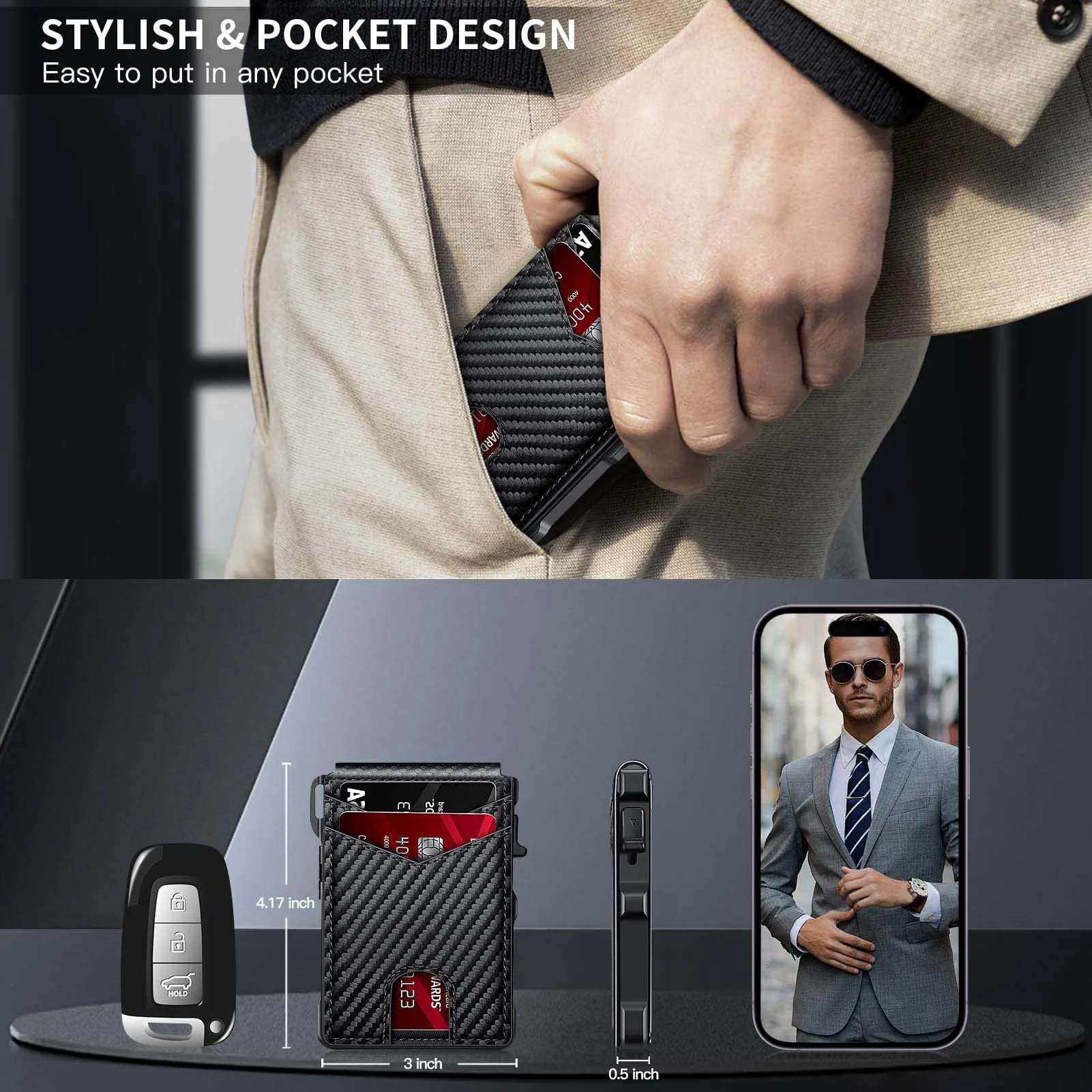 Neue schlanke minimalistische Geldbörse für Herren aus PU-Leder, zweifach faltbar, RFID-blockierend, Kartenhalter, Pop-up-Magnetgeldbörse mit Geldklammer – Detail 5