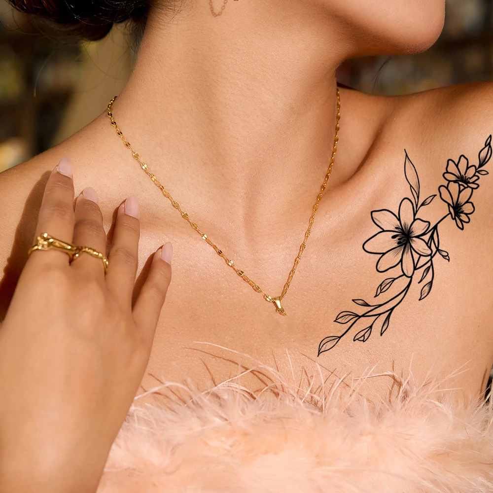 Waterproof Black Flower Temporary Tattoo Disposable Floral Fake Tattoo for Women Hand Arm Chest Body Decor