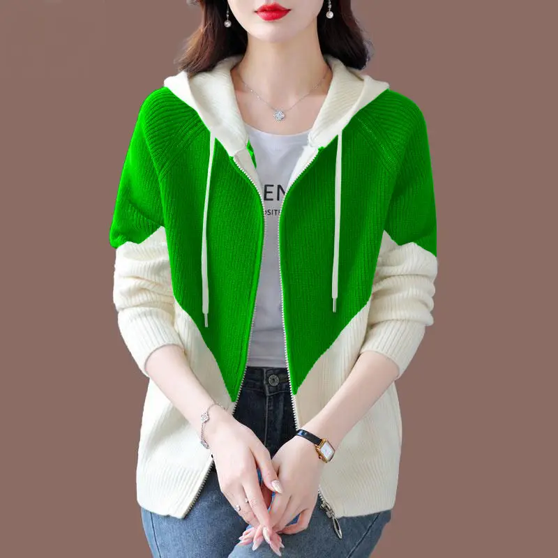 Fashion Zipper Spliced All-match Lace Up Hooded Cardigan Sweaters Women's Clothing 2023 Winter Loose Knitted Commuter Tops