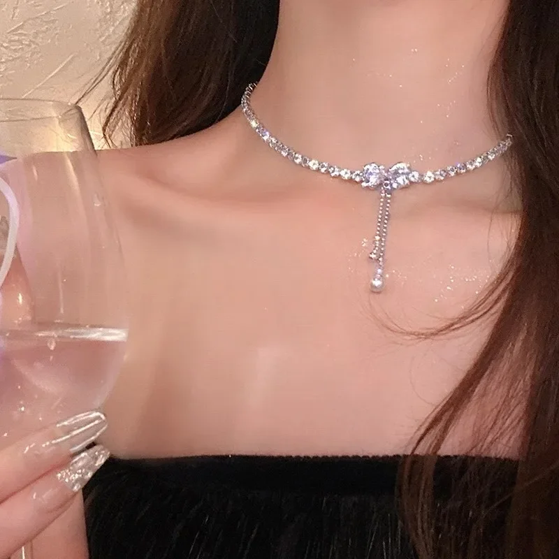 Inlaid Zircon Bow Pearl Tassel Necklace Women\'s Personalized Fashionable Clavicle Chain Accessories Party Jewelry Birthday Gifts