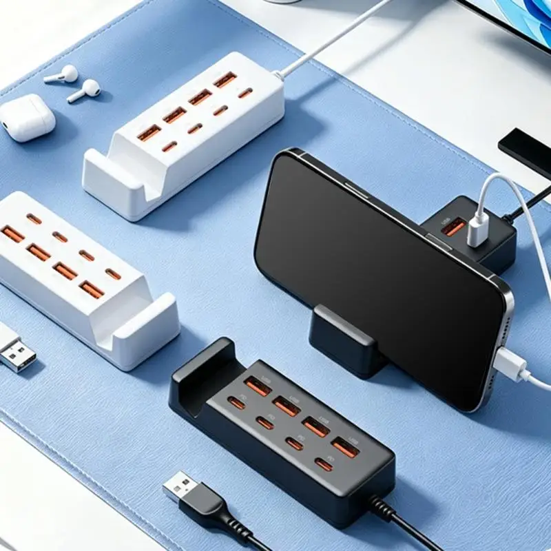 31BA USB Charging Splitter with Integrated Phone Stand Adapter, 4 USB-A Outlets, 4 USB C Outlets and Fixed USB-A Input Cable