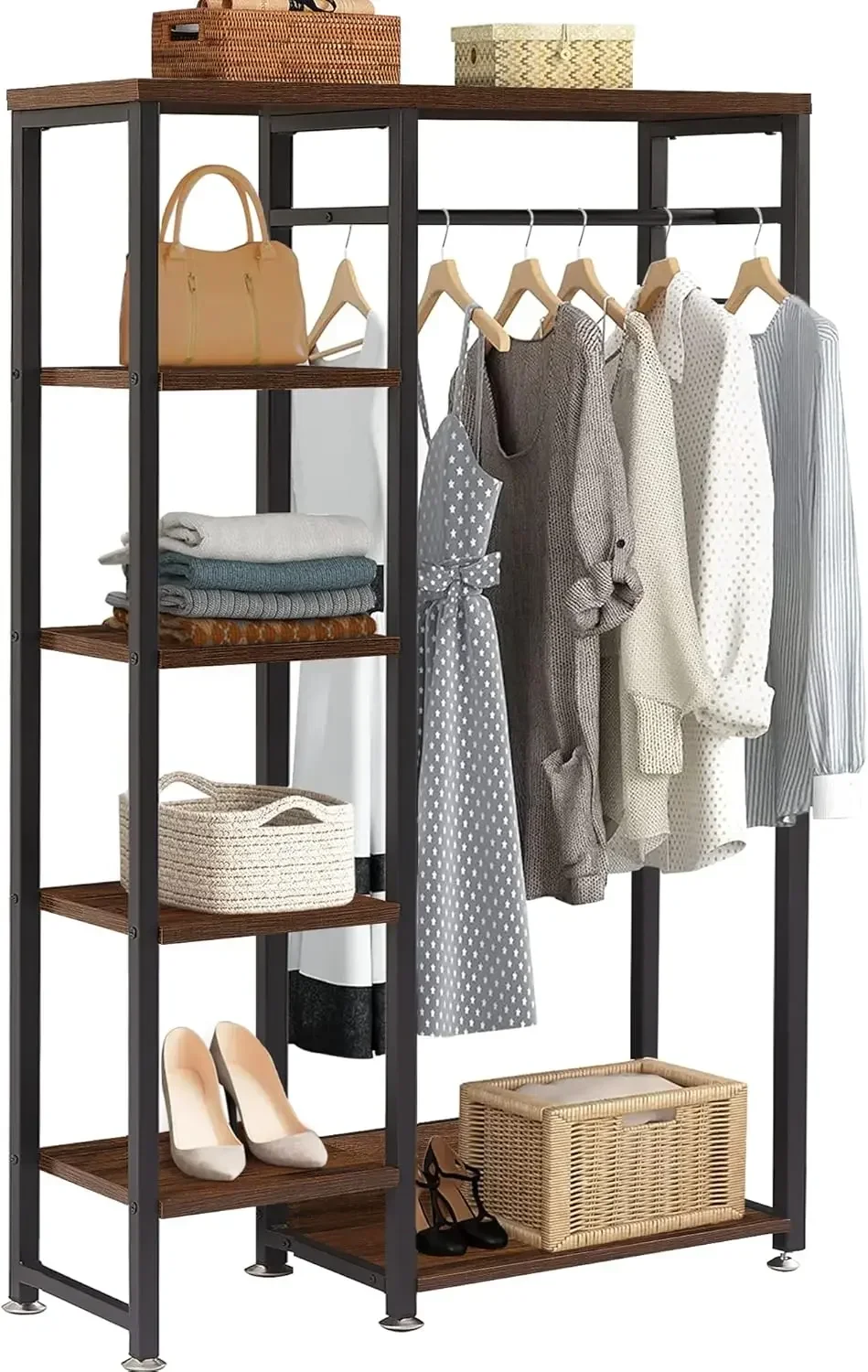 Garment Clothing Rack, Free-Standing Heavy Duty Storage Closet with 5 Shelves and Hanging Rod for Small Spaces, Max Load 350LBS,