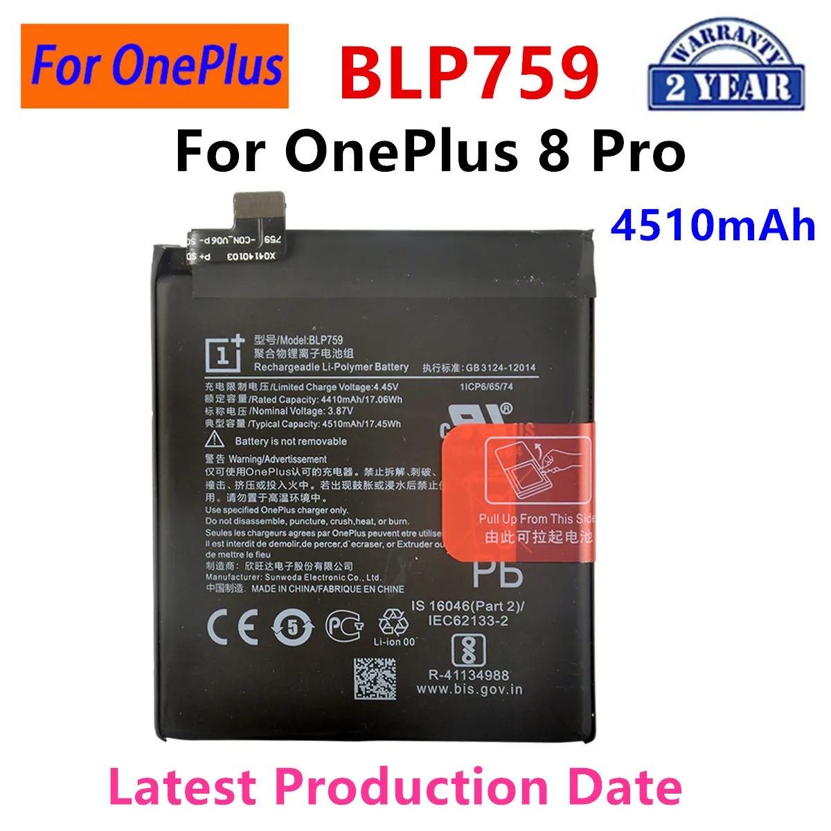 100% Orginal BLP759 4510mAh Replacement Battery For OnePlus 8 Pro One Plus 8 Pro Genuine Latest Production Phone Batteries+Tools