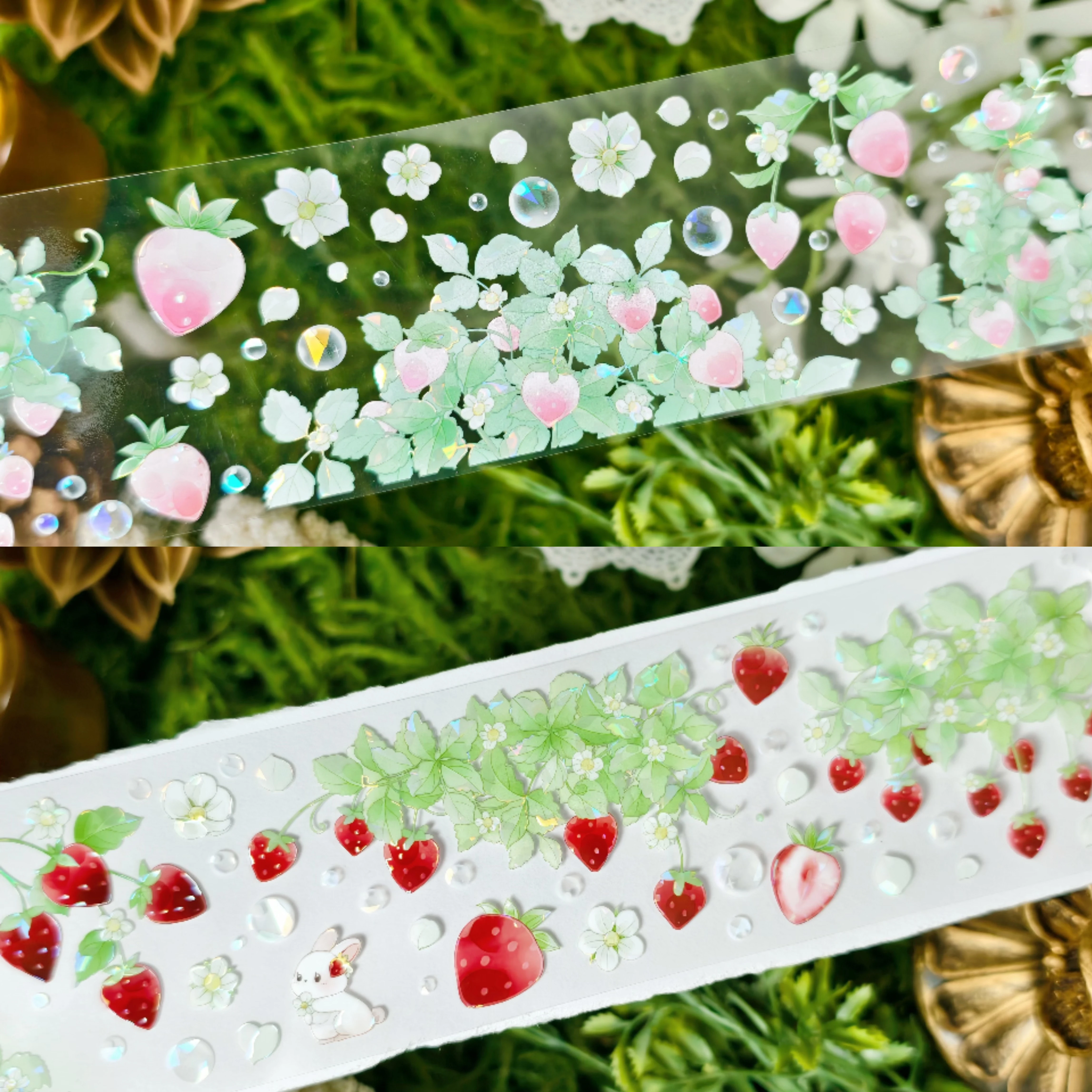 Red Strawberry Bush Pink Strawberry PET Shell Light Washi Tape, Red Pink, for Journal Scrapbooking Collage DIY Craft