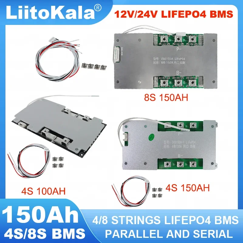 12V 24V 4s 8s LiFePO4 Battery BMS 100ah 150ah High-Power Protection Board Can Connected in Series or parallel for Universal use