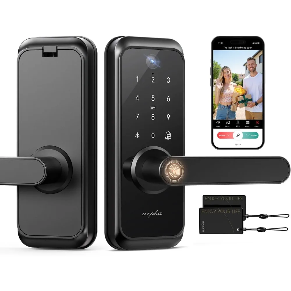 WiFi Video Smart Lock with Camera & Handle - 6-in-1 Keyless Entry (Fingerprint/App/Keypad/FOB/Key/Camera), Built-in WiFi, 2-Way