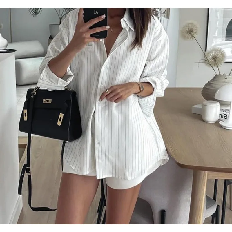 Fashion Loose Stripe Print Blouse Women Clothes Summer and Fall 2026 Casual Lapel Long Slleeve Shirts Elegant Classic Top Female