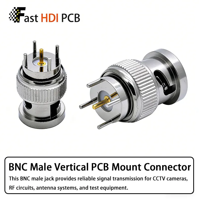 BNC-JE PCB Mount BNC Male Connector 4 Pin Straight Plug 50 Ohm Copper Body Solder Type RF Coaxial Connector for Circuit Board Ca