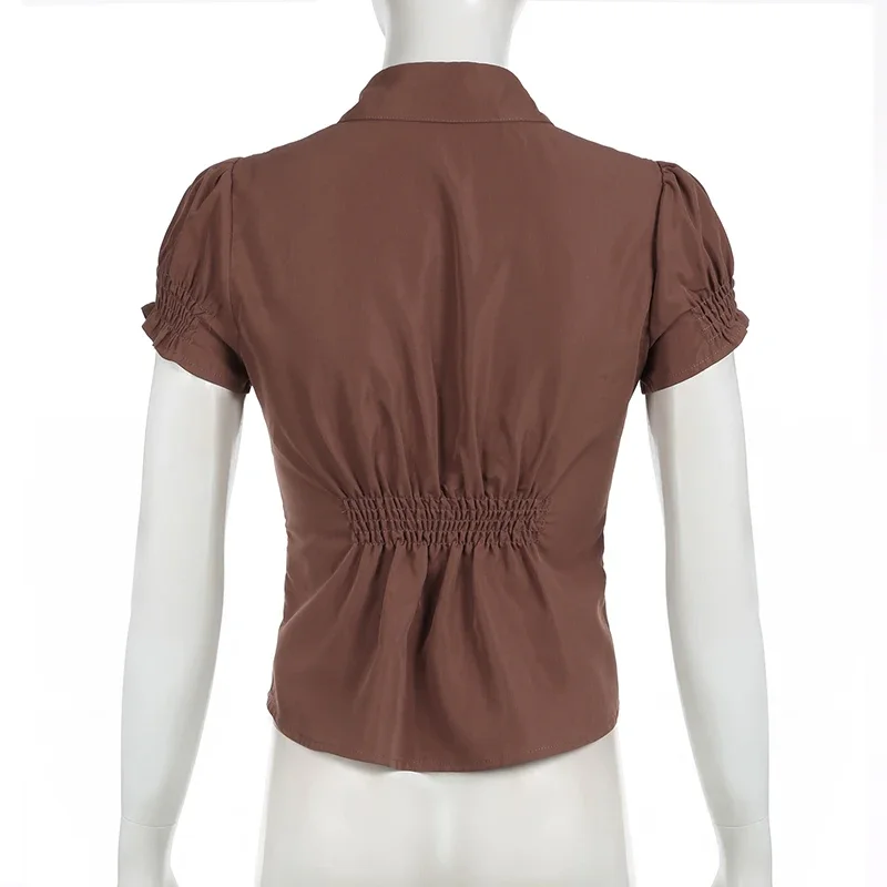 Y2k Vintage Shirts Aesthetic Fairy Crop Tops Cottage Tees Coquette Brown Pleated Button Shirt Women Short Sleeve Fitted Blouses