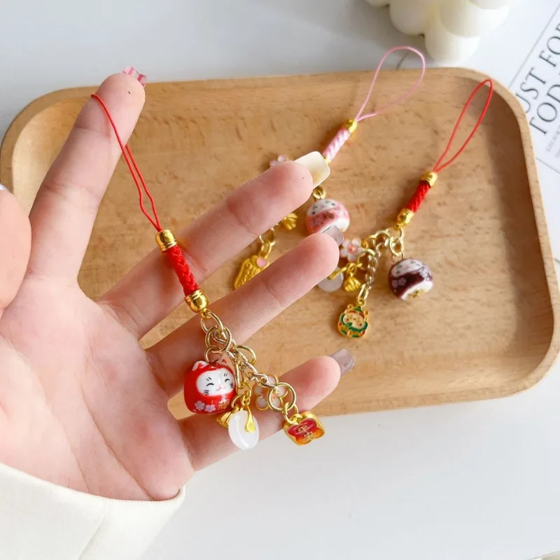 1PC Ancient Style Lotus Seed Persimmon Pendant Lucky Cat Omamori Phone Strap Blessing Gift Unique Animal Miniature Hanging Decor
