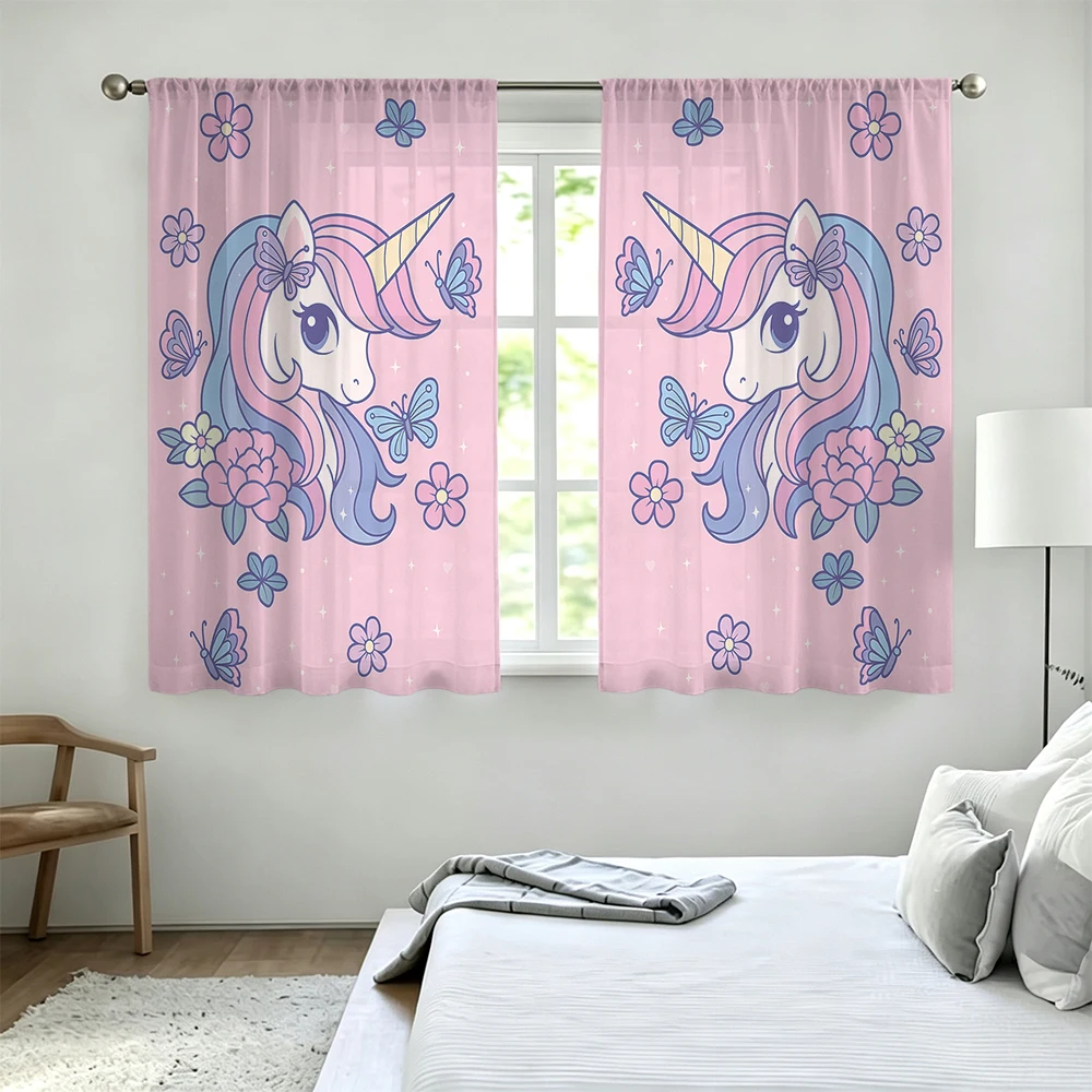 2Pcs Symmetric Floral Butterfly Unicorn Rod Pocket Curtains Light Blocking Privacy Window Curtains For Bedroom Living Room Sw
