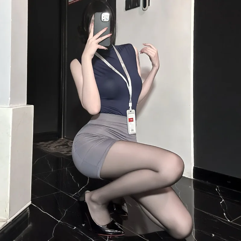 Sexy Sekretärin-Uniform-Set für Damen, ärmellos, figurbetonter Rock, Rollenspiel, Bürodame, Kostüm, erotische Dessous, verführerische Miniröcke