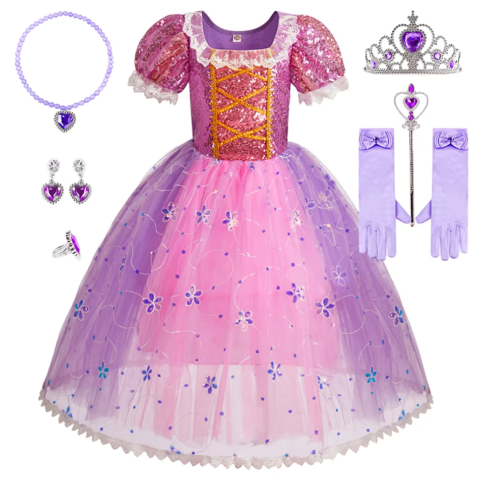 

Little Girls Rapunzel Gown Children Tangled Cosplay Dress Kids Princess Party Big Bowknot Pageant Fancy Clothes with Accessories