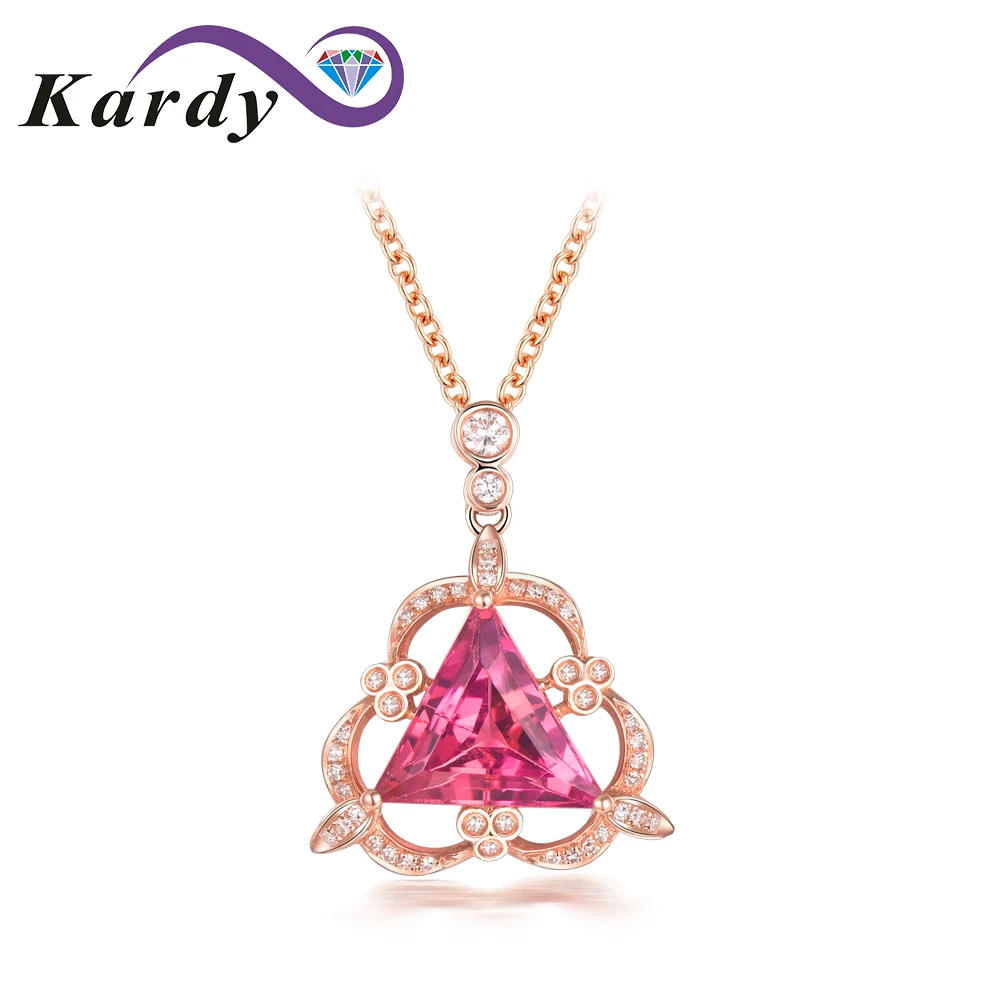 

Fancy Stlye 14K Rose Gold Natural Pink Tourmaline Gemstone Engagement Wedding Diamond Fashion Necklace Pendant for Women