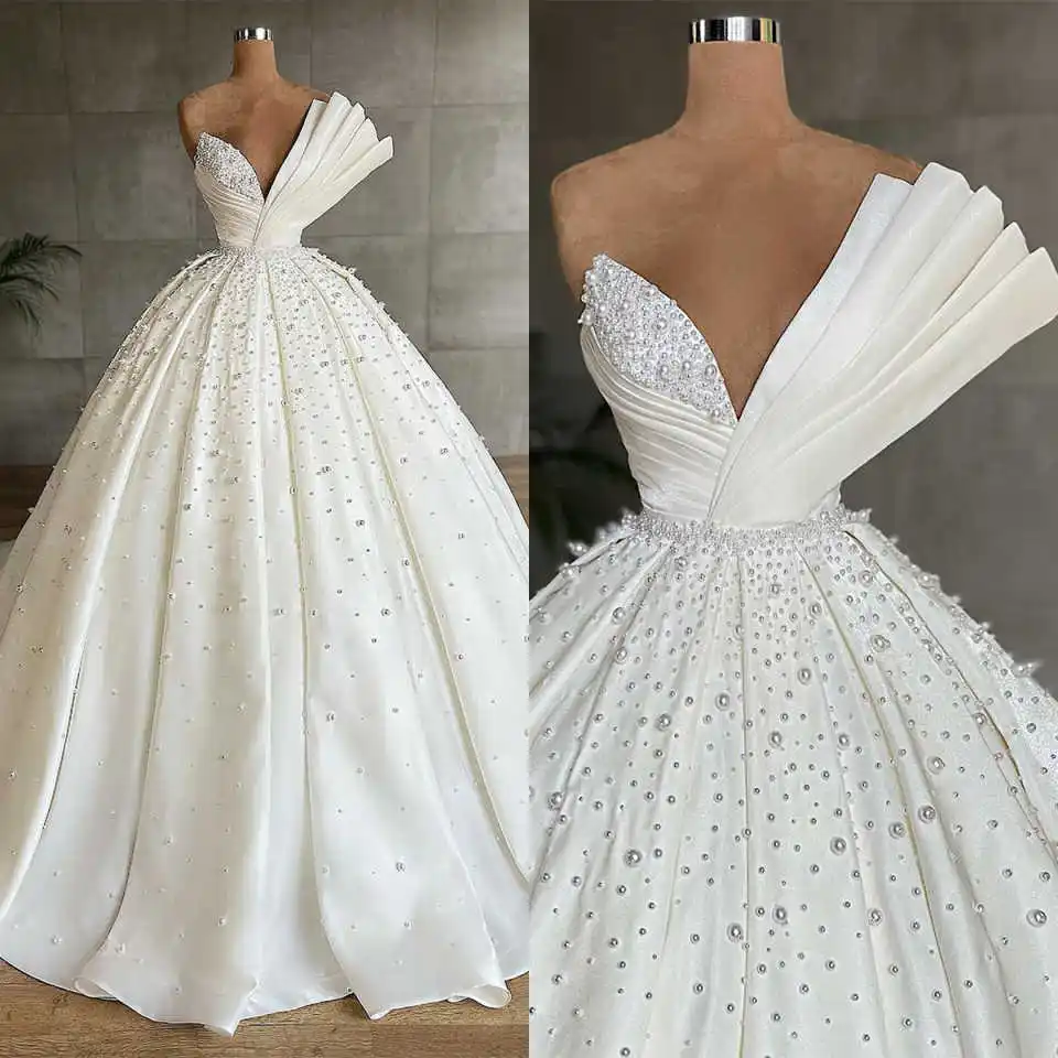 

Exquisite A Line Bride Gown Bling Pearls Strapless Wedding Dress Tiered Pleats Sweep Train Satin Bridal Dresses Customized