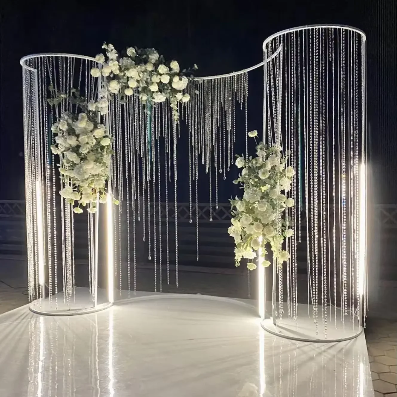 No light)curve shape metal acrylic bead backdrop Hollow Out  White Golden Metal Gate Door Stand Backdrop Wedding