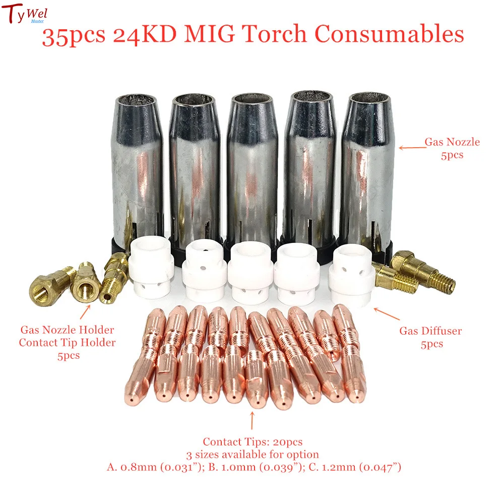 

MB 24KD Welding Torch Consumable 35pcs 0.8mm 1.0mm 1.2mm MIG Torch Gas Nozzle Tip Holder Gas Diffuser of MIG MAG Welding Machine