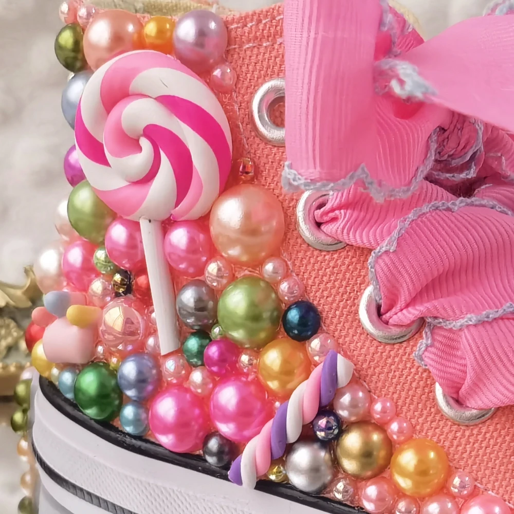 Kids Shoes Name Photo Custom Design For Girl Birthday Party Canvas Dollbling Handmade Bling Rainbow Pearls Sneakers