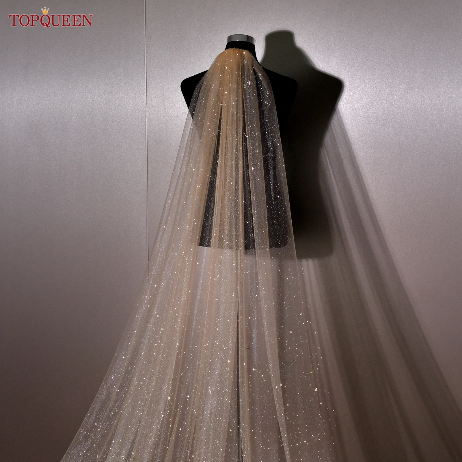 TOPQUEEN V101 Champagne Sparkling Wedding Veil Blingbling Bridal Veil Cathedral Tulle Wedding Accessories Can Be Customized