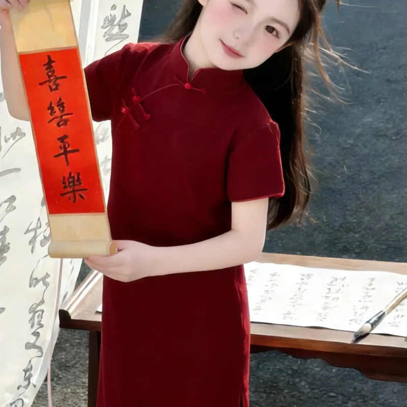 2026 Girls' Short Sleeved Cheongsam Skirt Summer Children's Chinese Improved Qipao Dress Kids' Red Retro Performance Dress LJ622
