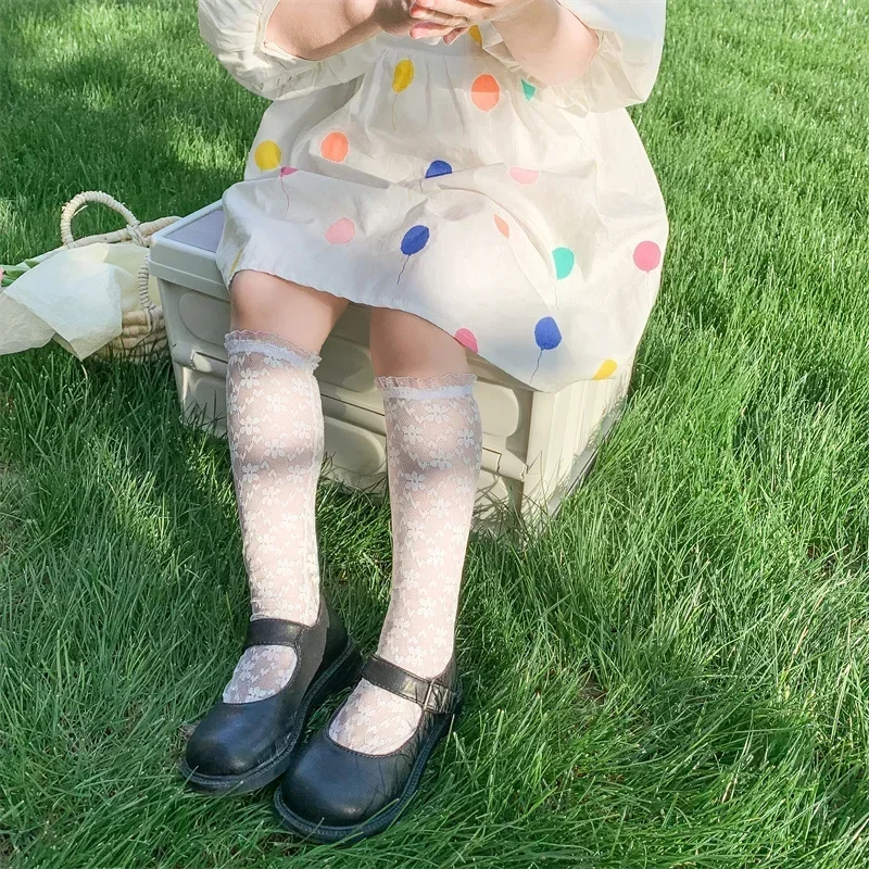 Sommer Baby Mädchen Nette Mesh Socke Koreanische Lolita Prinzessin Spitze Hohl Schwarz Waden Strümpfe für Kinder Dünne Kniehohe Lange Socken