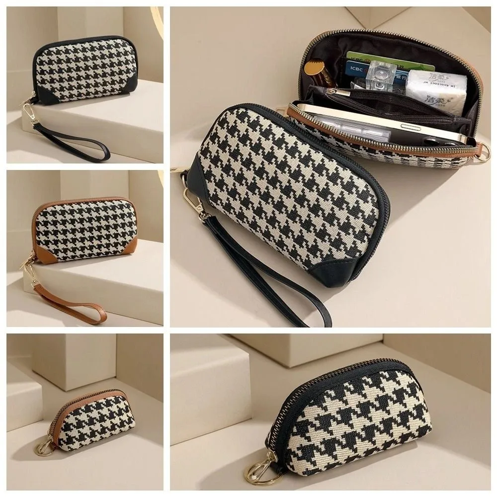 Pu Leather Long Style Wallet Car Key Bag Canvas Houndstooth Zipper Purse Ultrathin Coin Purse Square Change Purse Outdoor