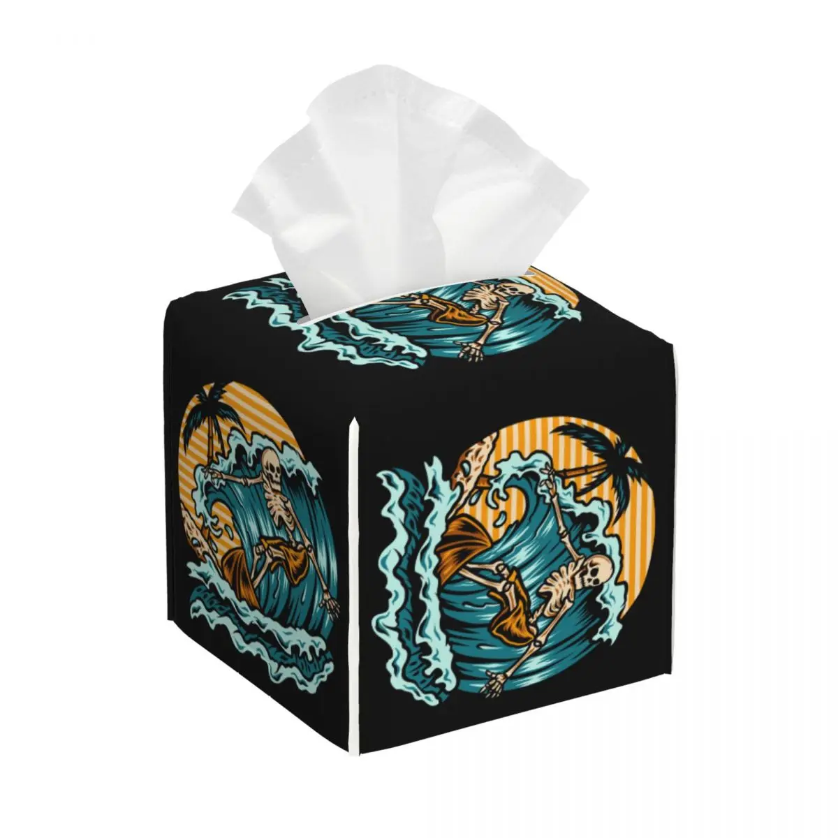 Custom Summer Surfing Skull Tissue Box Holder Square Surf Rider PU Leather Facial Tissue Box Cover for Car Bathroom