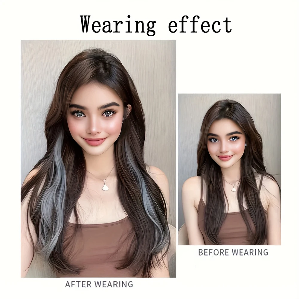 2Pcs Ear-Hanging Highlight Hair Coloring Strips Women's Long Hair One-Piece Colorful Hair Extensions Invisible Synthetic Wig