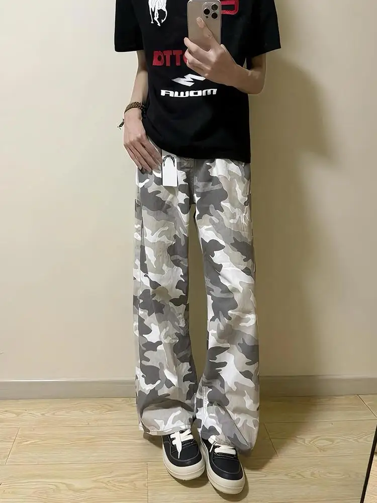 

American Retro Grey Camouflage Workwear Jeans Men's Trendy Hip Hop Knife Straight Leg Pants Casual Loose Fit Teenage Jeans