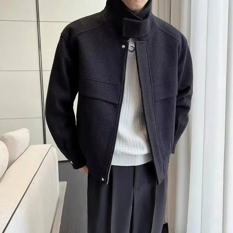 Stijlvolle wollen jas voor heren, korte reversjas met opstaande kraag, hoge kwaliteit herfst-winter trendy outfit, niet-infringend