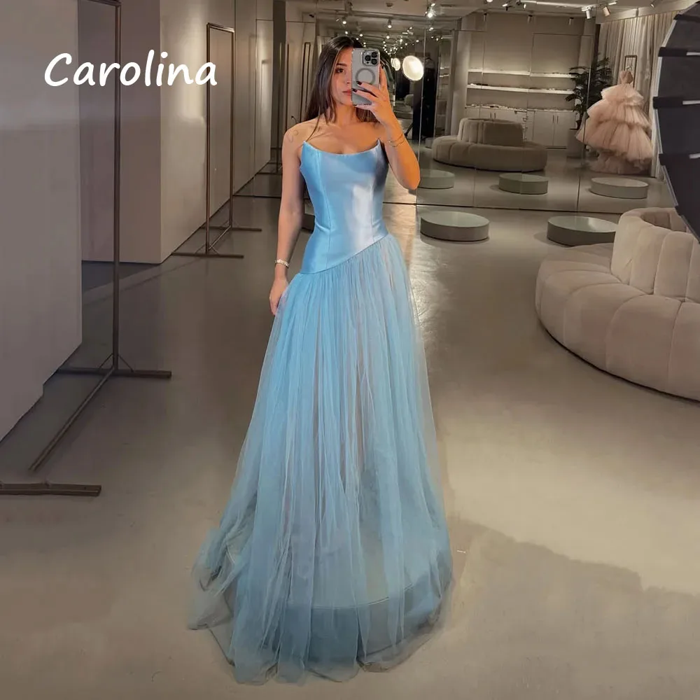 

Carolina Customized Blue Tulle Prom Dress Elegant Boat Neck Formal Gowns Graduation Dress 2025 Long Evening Dress Party Dress