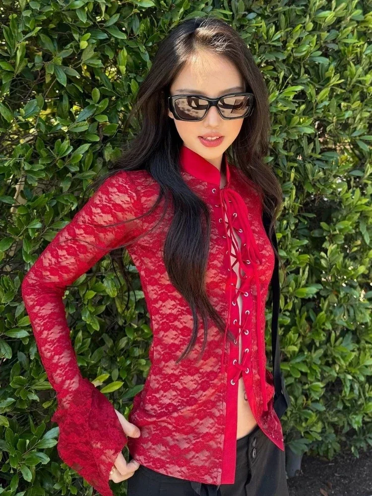 Y2K 감성 레이스 자카드 여성 블라우스 스트리트웨어 섹시한 홀로우 아웃 밴디지 그런지 셔츠 하라주쿠 시스루 빈티지 블루사