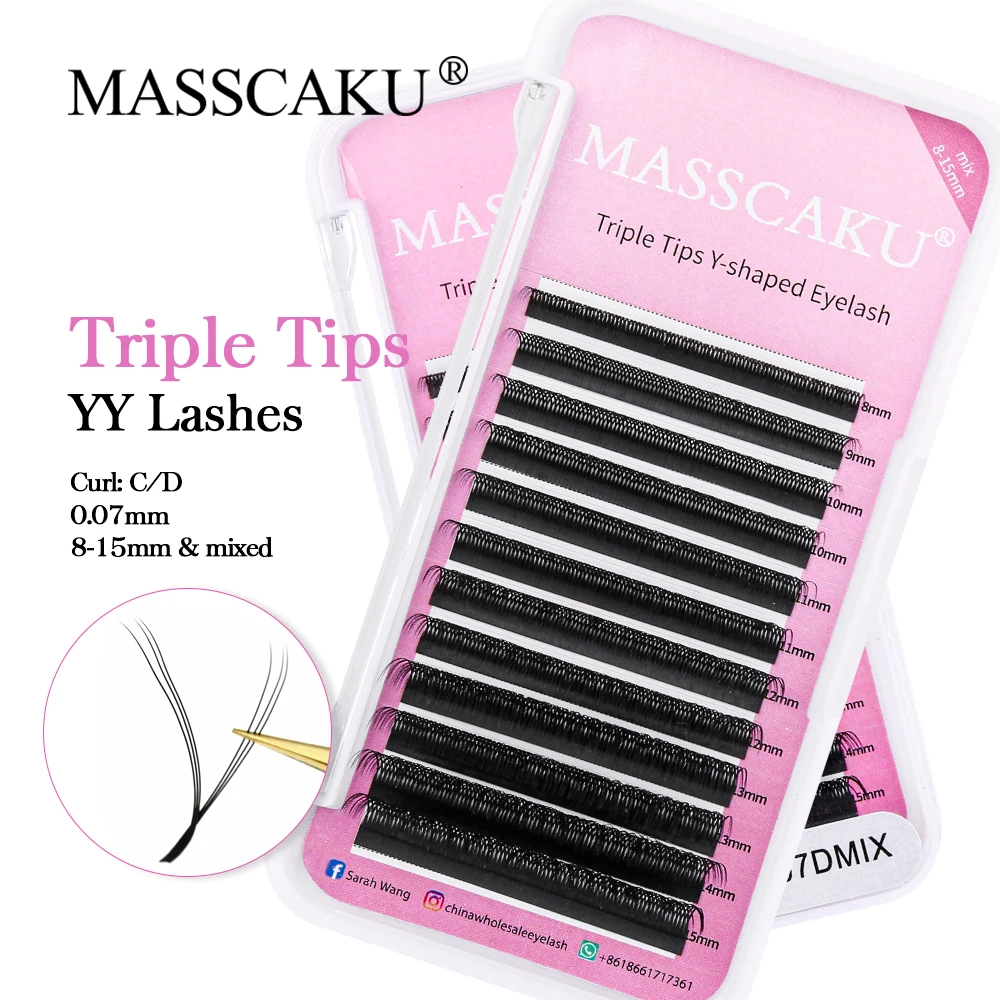 

MASSCAKU 12 Rows 0.07mm YY Shape Lash Extensions C D Curl Matte Dark Black Double/Triple Tips Eyelashes Extensions for Salon Use