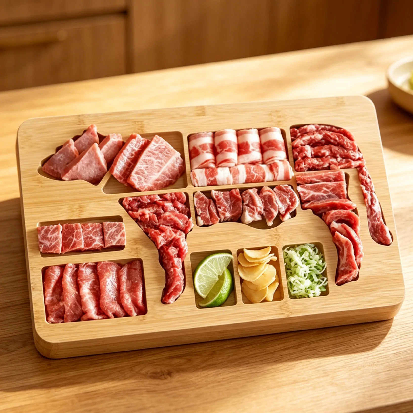 Creative cow-shaped bamboo and wood grid plate, hot pot barbecue, whole beef feast part tray, commercial characteristic tablewar