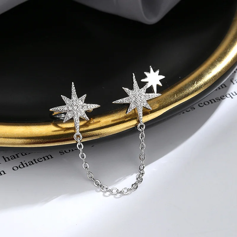 1Pcs 925 Silver Plated Tassel Crystal Star Ear Clip Earrings For Women Ear Cuffs Jewelry No Piercing Jewelry eh474
