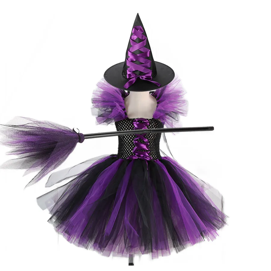 2-delige Heks Tutu Jurk met Hoed Meisjes Allerheiligen Bruja Tovenaarskostuum Rollenspel Peuter Halloween Party Fee Heksenjurk