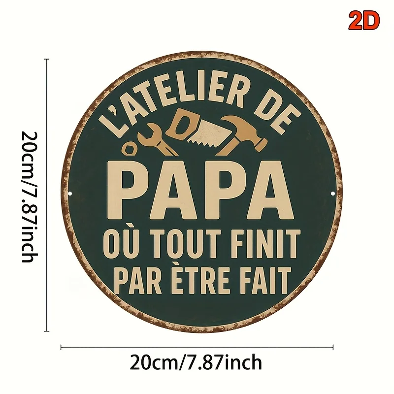 Vintage French Dad Workshop Metal Sign, 8 Inch Rustic Decorative Wall Art Plaque for Home, Garage, Shed or Bar