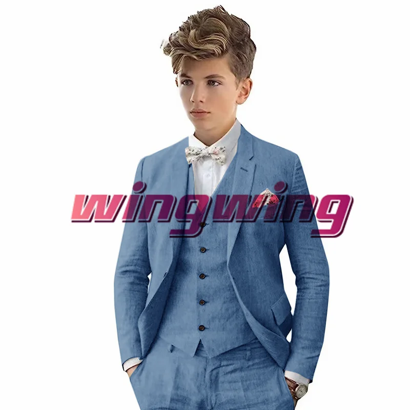 Boys Summer Suit Linen Jacket Pants Vest Three-Piece Set Wedding Tuxedo Thin Blazer Kids Clothes 2-16 Years