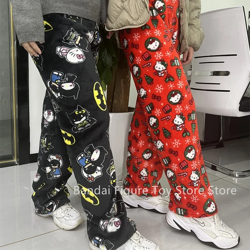 Nieuwe Hello Kitty Flanellen Broek Cartoon Cool Stijl Dames Sanrio Winter Warm Casual Flanellen Pyjama Kerst Stijl Leuke Broek Kleding