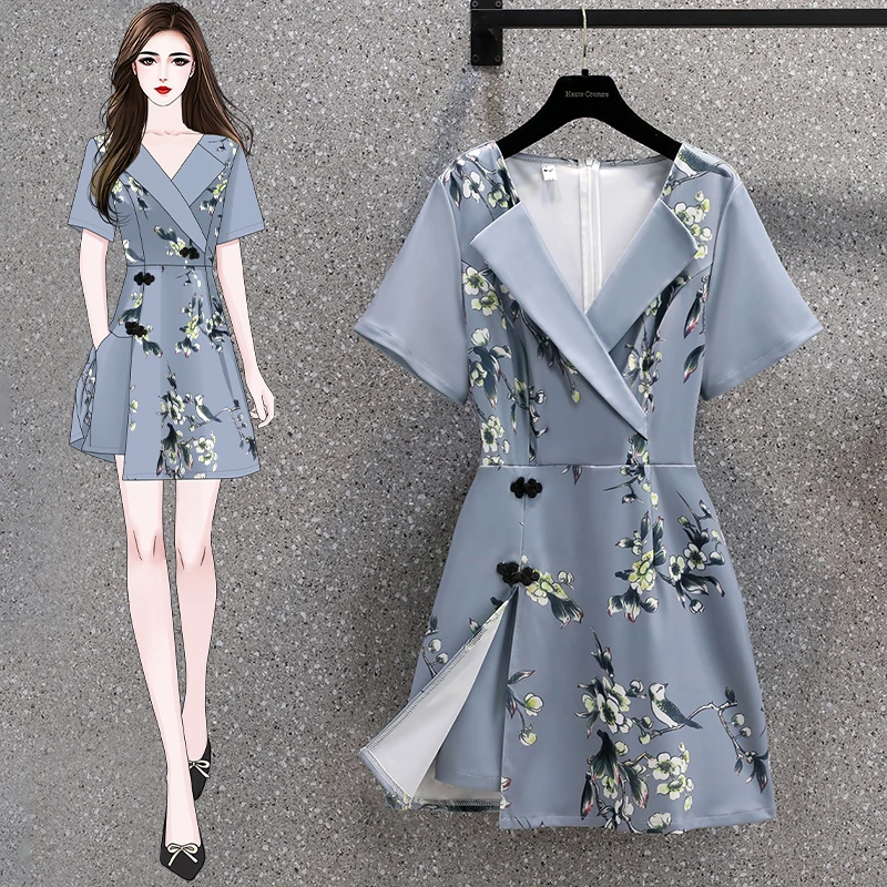 Summer Two-piece Set For Women Suit Collar Printed Blouse Tops And Shorts Female Large Size Casual Blue Cheongsam Matching Suits