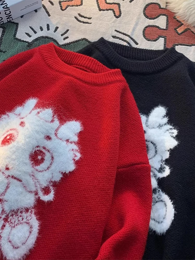 Loose Fit Dragon Year Knitwear Big Red Color Men's Sweater Casual Sle Long Sve round Ne Couple's Faion Outerwear