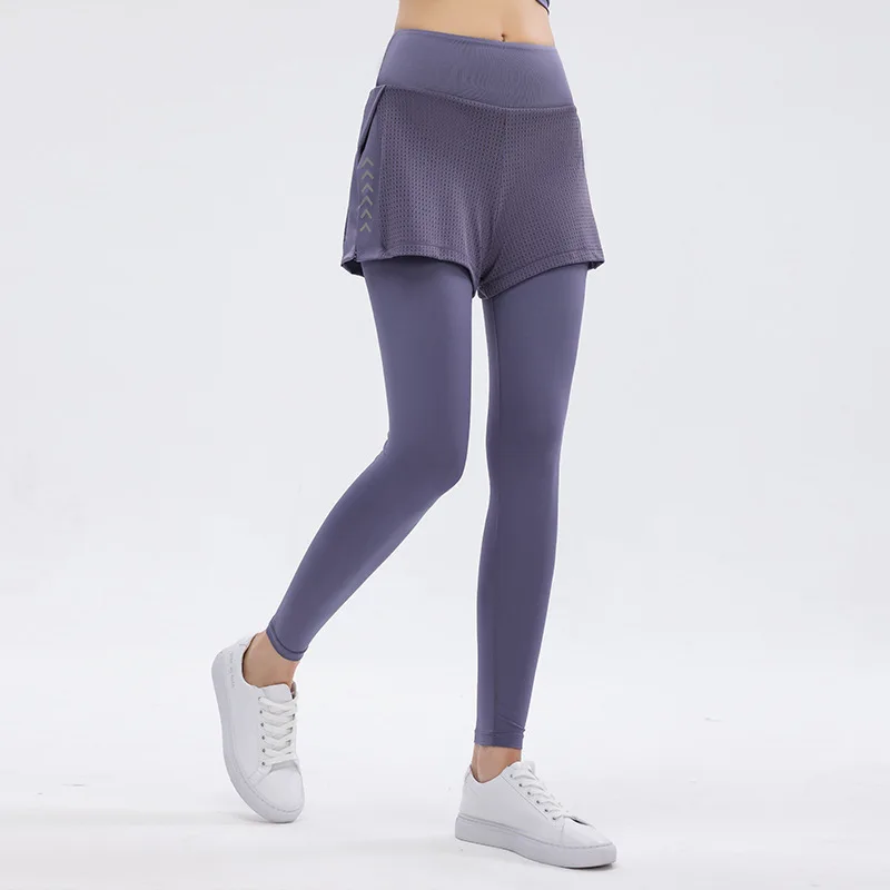 Women Sports Leggings Elastic High Waist Yoga Pants Fake Two Piece Running Trousers Quick Dry Elastic Gym Fitness Tights Female