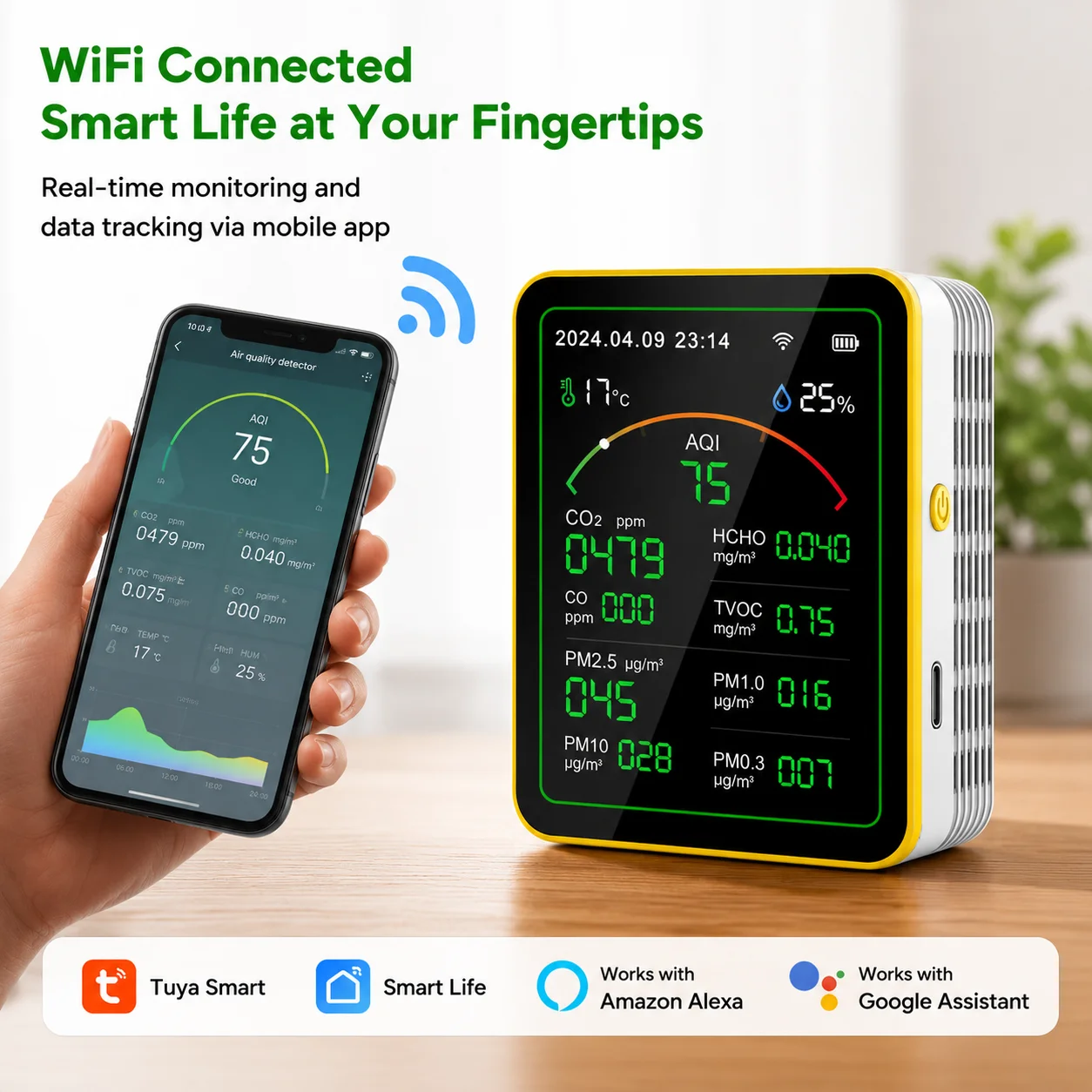 Tuya WiFi Smart Air Quality Monitor 15-in-1 CO2 Meter PM2.5 CO TVOC HCHO Detector TFT Screen Rechargeable Gas Analyzer Home