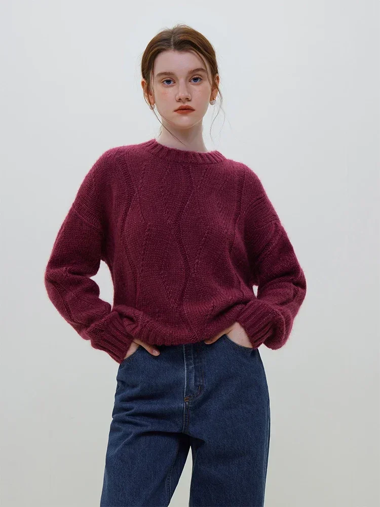 FSLE 20.9% Wool 19.1% Mohair Women Round Neck Solid Short Sweater Hollow Out Design Oatmeal Color Drop Sleeve Wool Sweaters